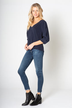 V Neck 3/4 Sleeve Silky Wash Tencel Shirt