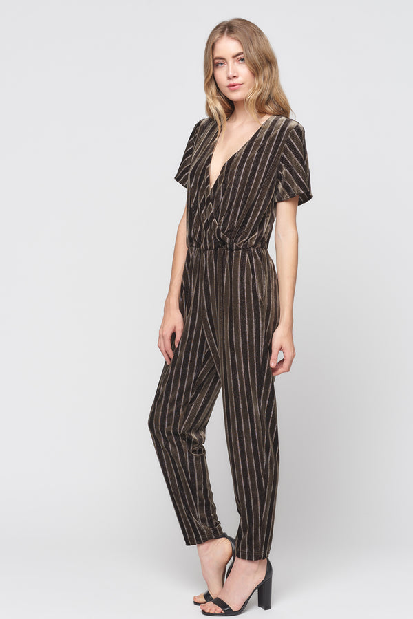 Wrap Front Velvet Stripe Jumpsuit